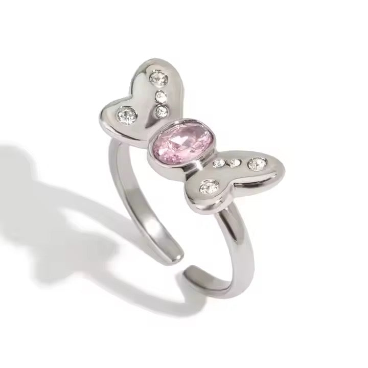 Silver Pink Tourmaline Butterfly Cz Open Ring