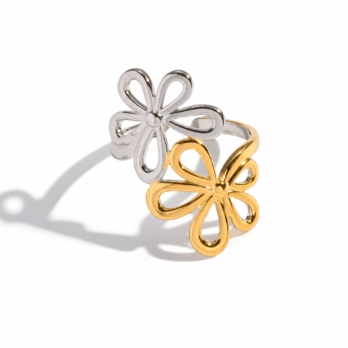 18K Two Tone Two Flowers Adjustable Ring