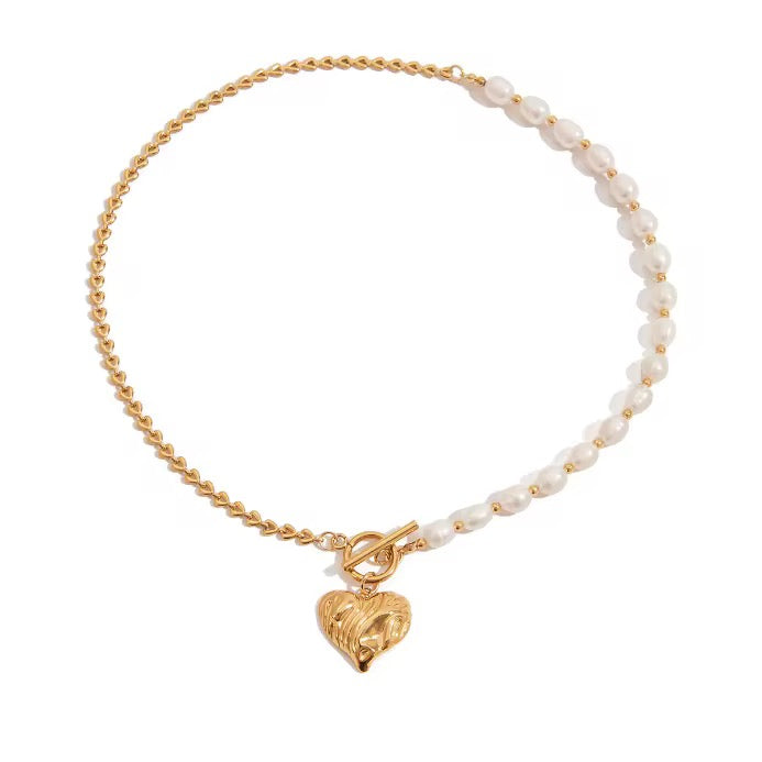 18K Vintage Heart Half Fresh Water Pearl Necklace