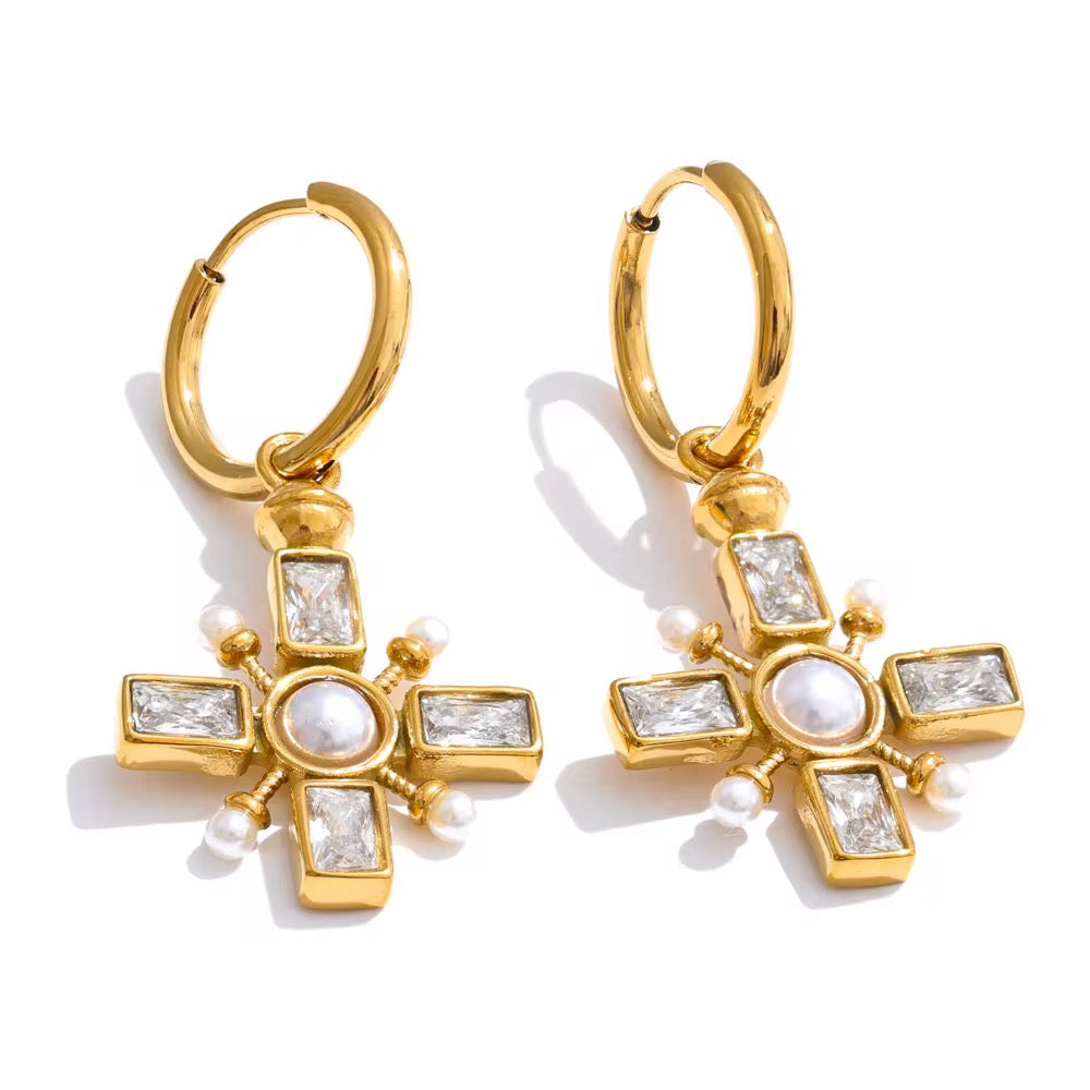 18K CZ Pearl Cross Earrings