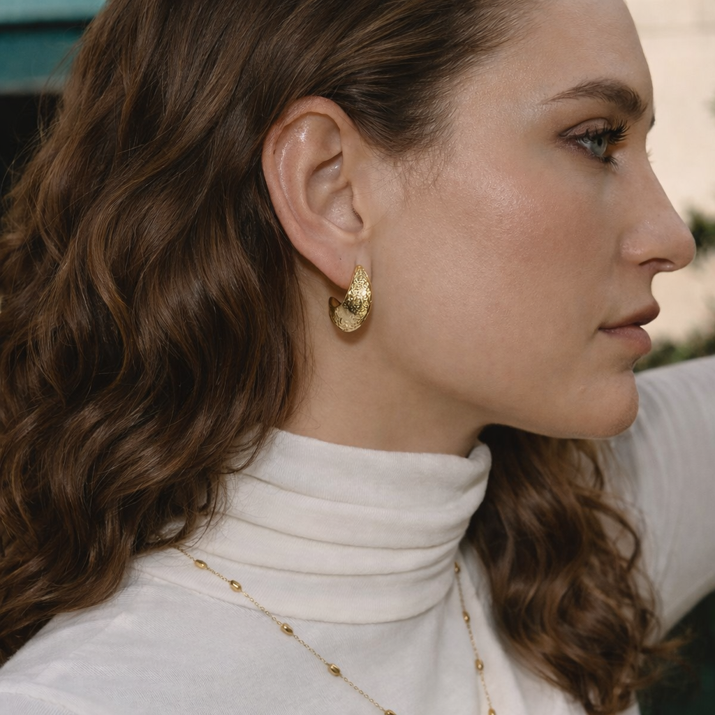 18K Hollow Textured Moon C Hoops