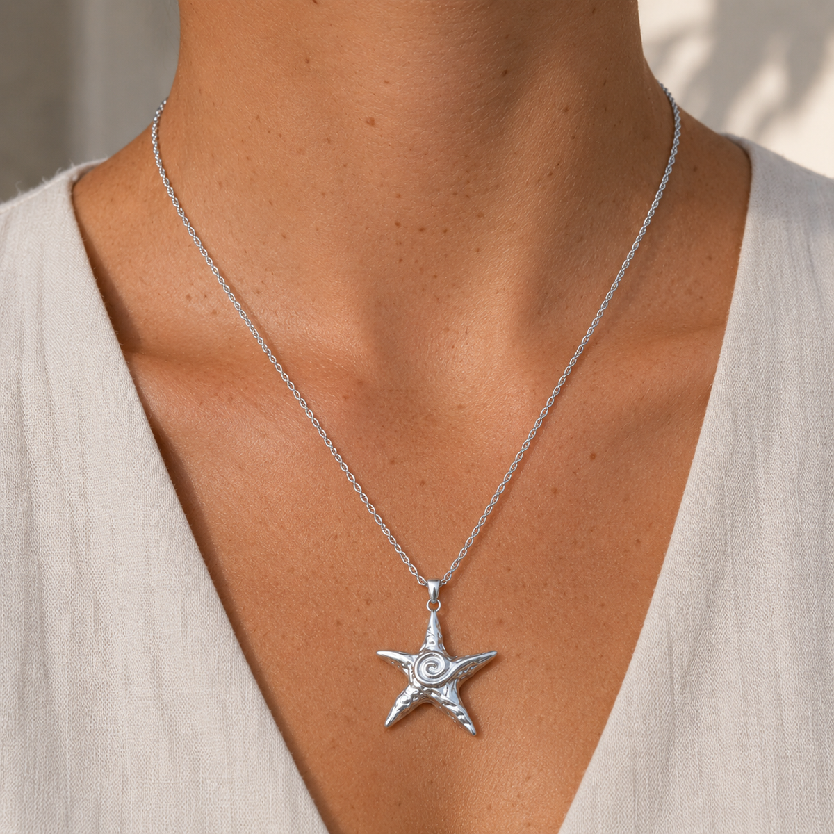 Silver Star Fish Rope Chain Necklace