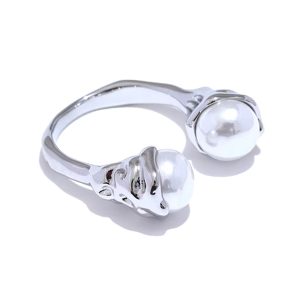 Silver Double Simulated White Pearl Ring