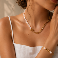18K Half Pearl Half Cuban Necklace