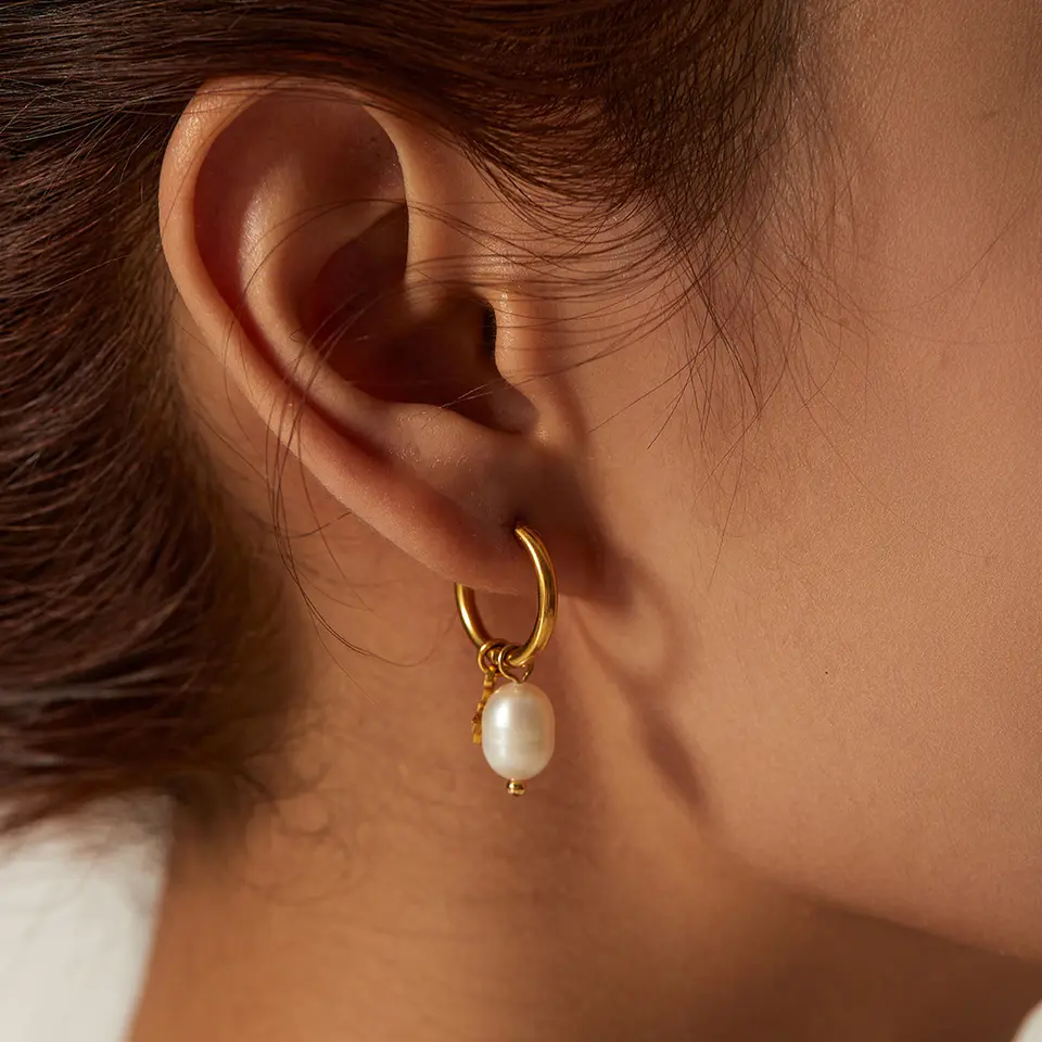 18K Star Charm Fresh Water Pearl Drop Earrings