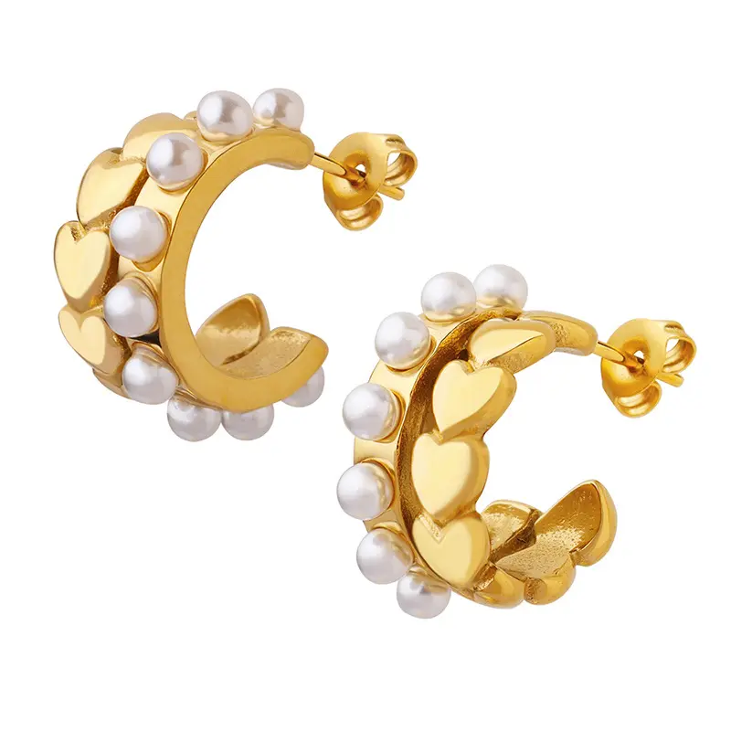 18K Double Layered Pearl Heart Hoop Earrings