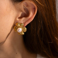 18K Flower Pearl Statement Studs