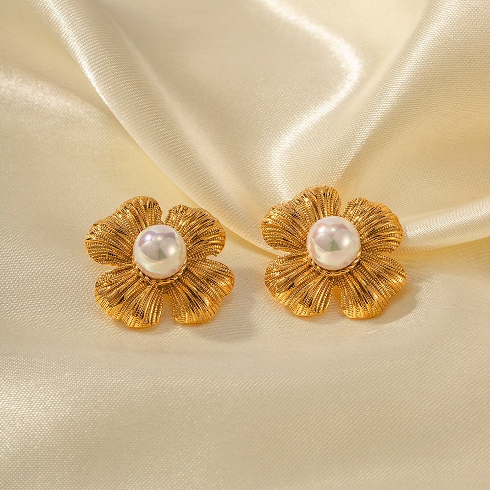 18K Flower Pearl Statement Studs