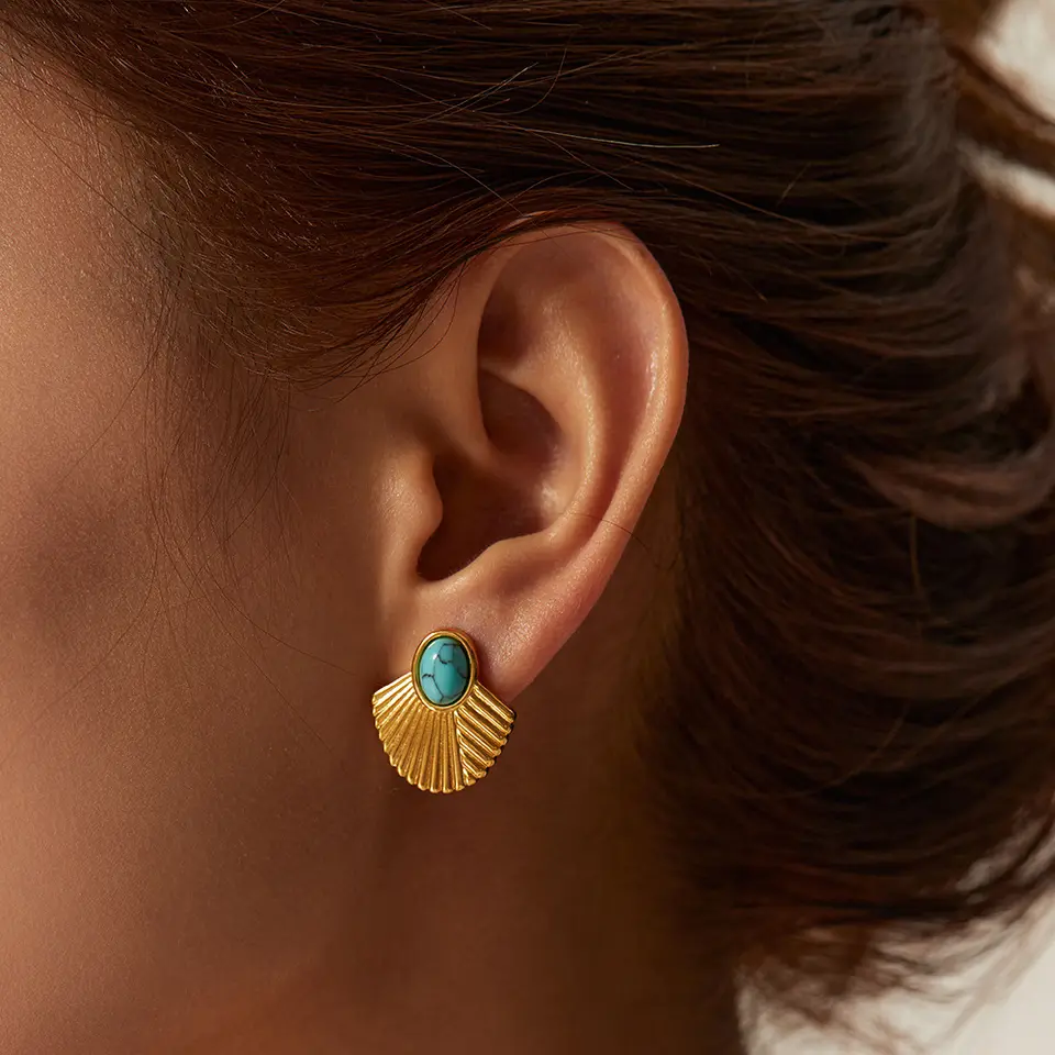 14K Turquoise Fan-shaped Stud Earrings