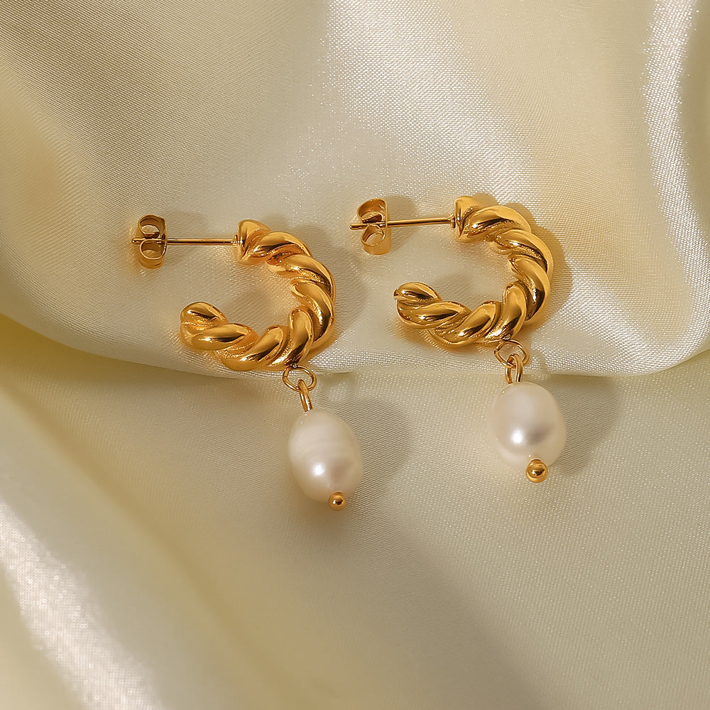 18K Twisted Hoop Fresh Water Pearl Drop Earrings