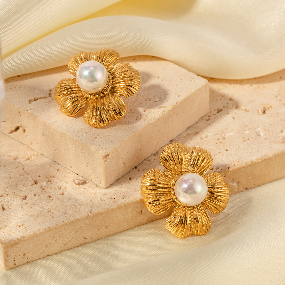 18K Flower Pearl Statement Studs