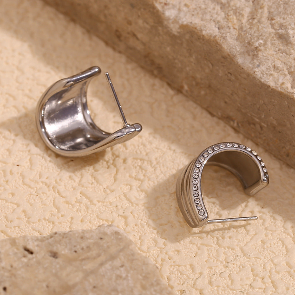 Silver Wide Chunky CZ Small C Hoops