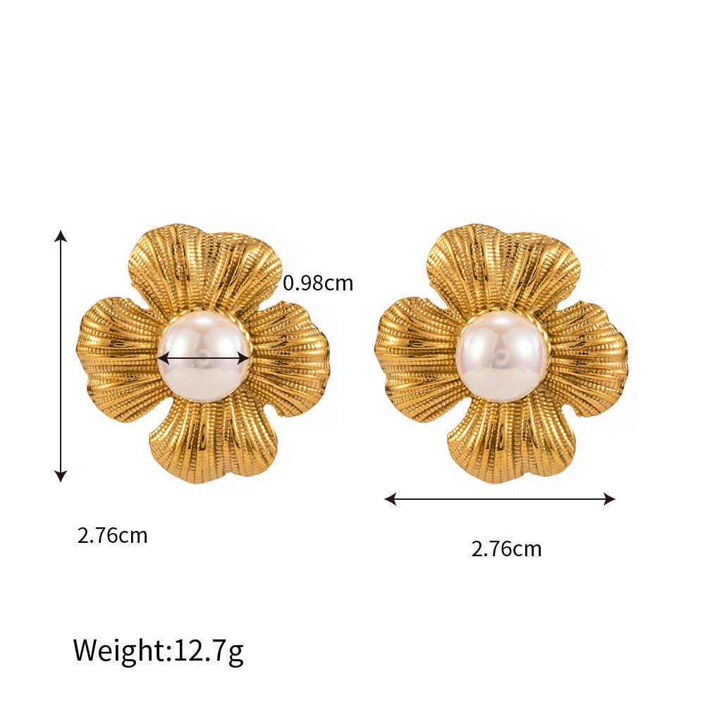 18K Flower Pearl Statement Studs