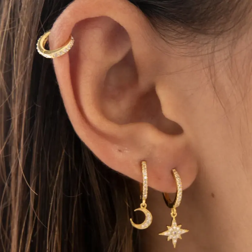 14K Star to Moon CZ Hoop Earrings