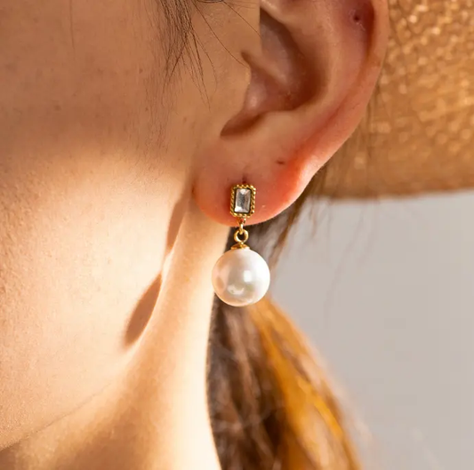 18K Square Zircon Pearl Drop Earrings