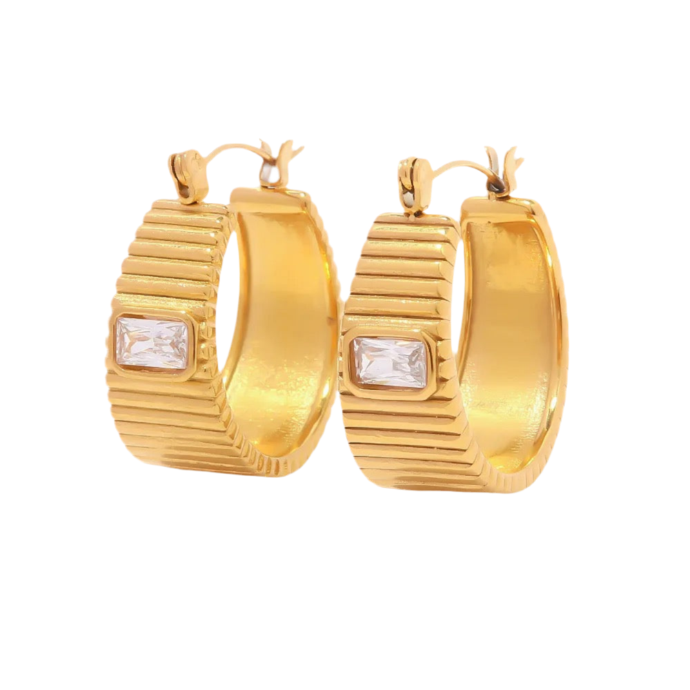 Striped Medium Hoops in 18K Gold-Plating with Cubic Zirconia