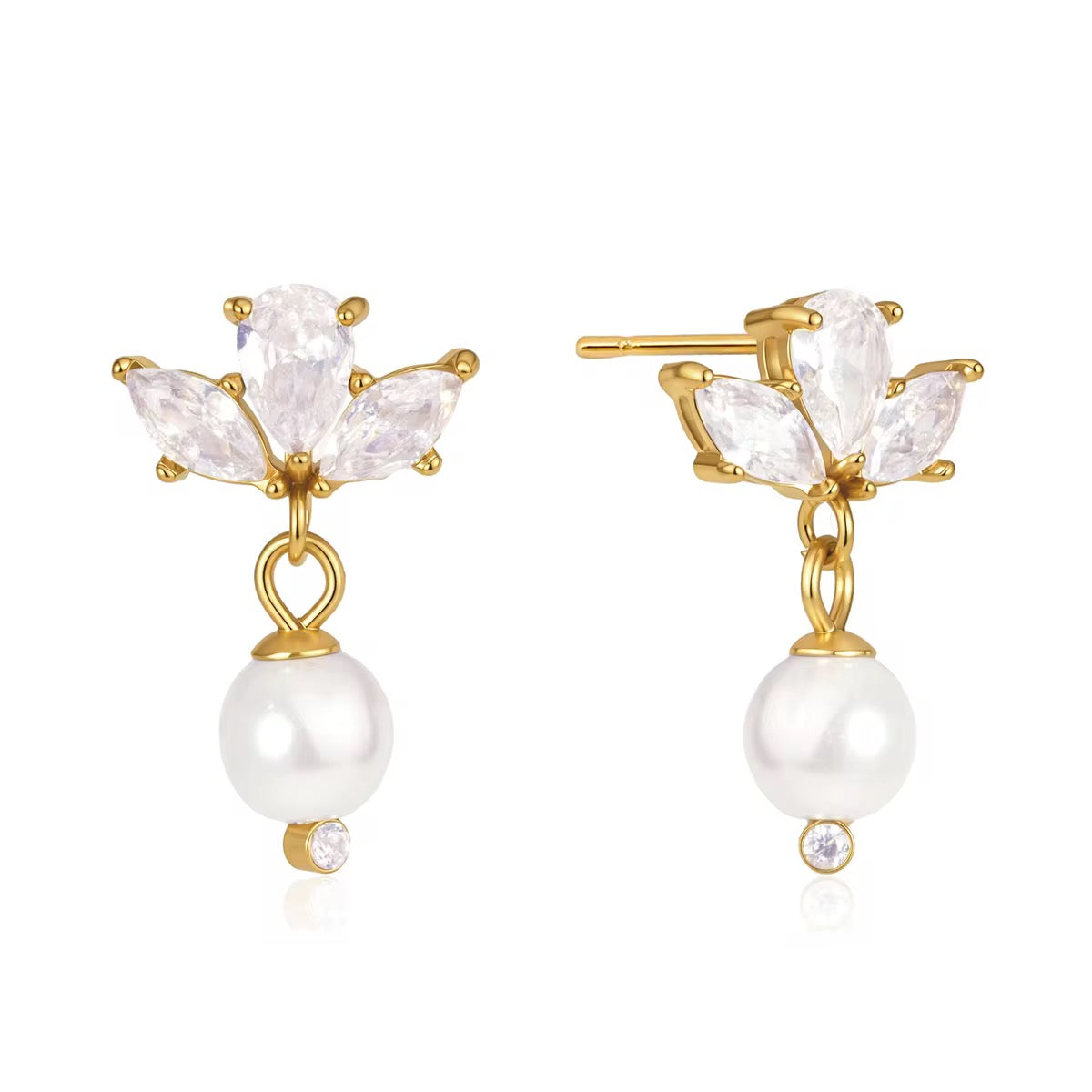 18K Marquise Trio CZ Pearl Earrings