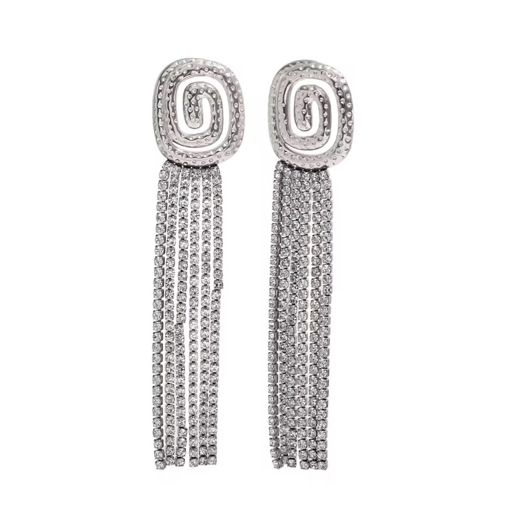 Silver Swirl Crystal Fringe Dangle Earrings