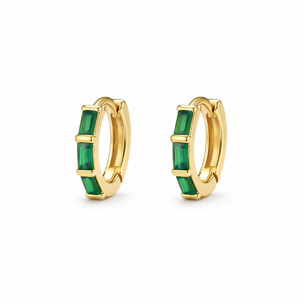 14K Emerald Baguette CZ Huggies 12mm