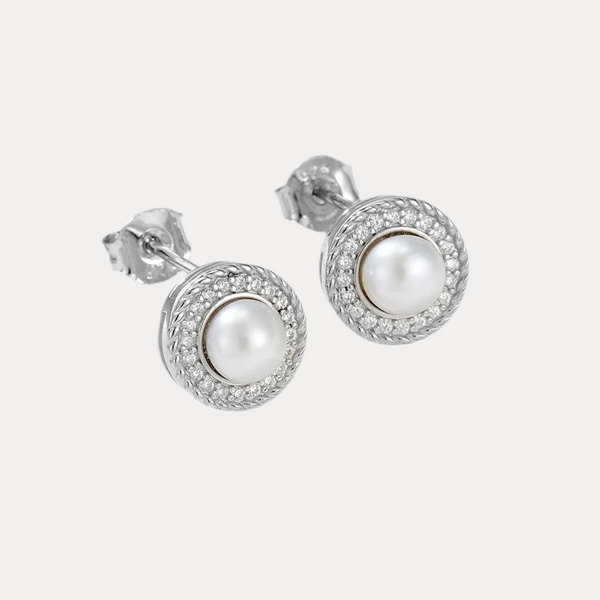 Elegant Pearl Studs in 18K Gold-Plating or Silver with Cubic Zirconia