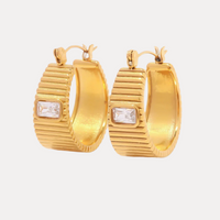 Striped Medium Hoops in 18K Gold-Plating with Cubic Zirconia