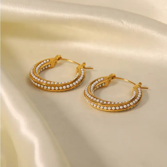 18K Pearl Lined Hoop Earrings