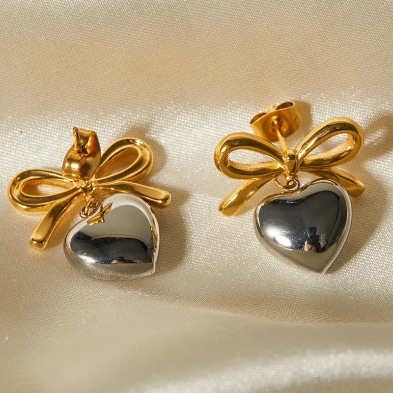 14K Bow & Love Filled Heart Earrings