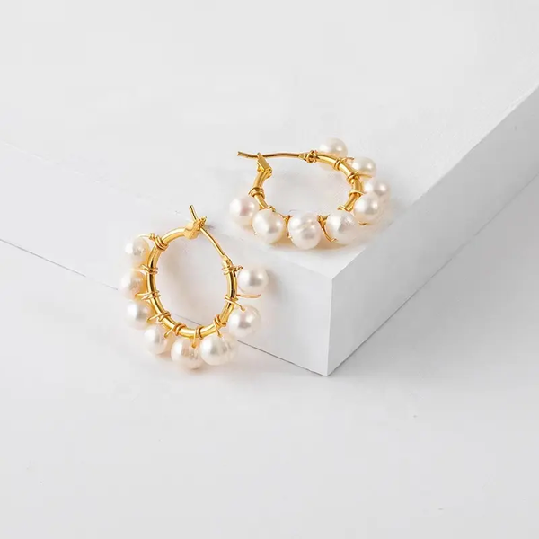 18K Elegant Fresh Water Pearl Hoop Earrings