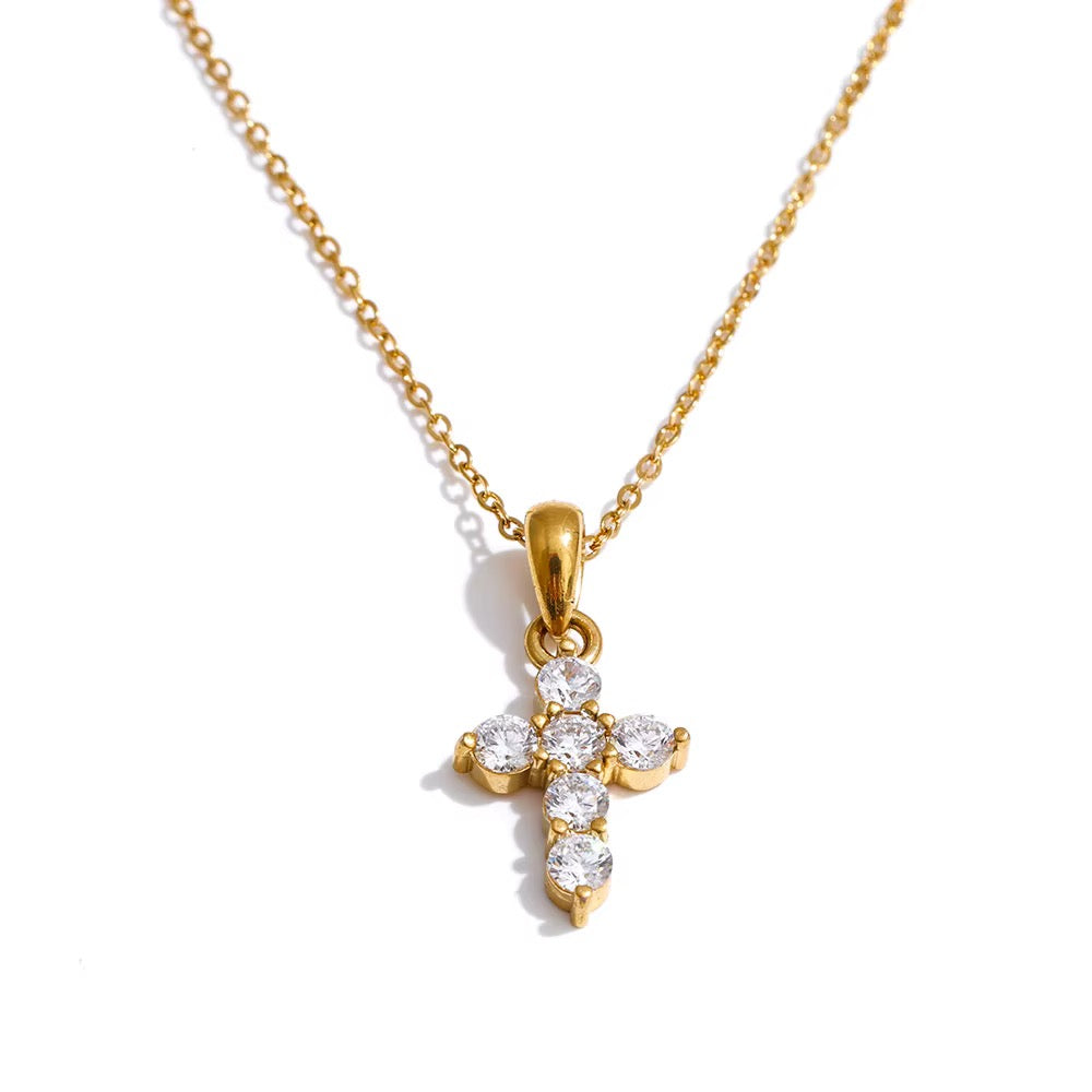 18K Bubble CZ Dainty Cross Necklace