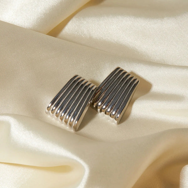 Silver Striped Rectangular Statement Earrings