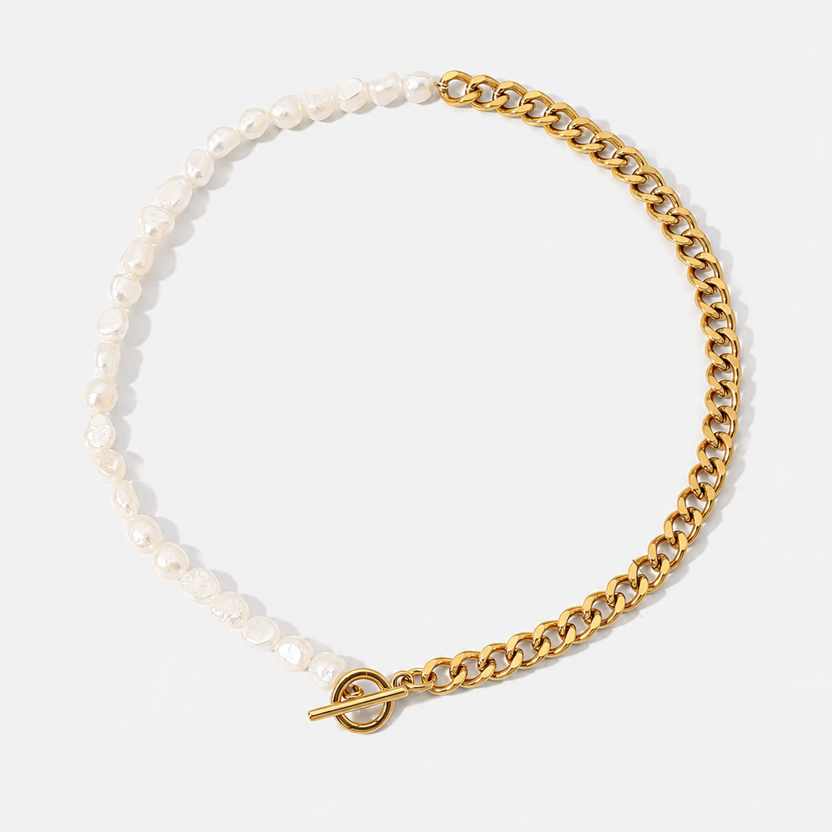 18K Half Pearl Half Cuban Necklace