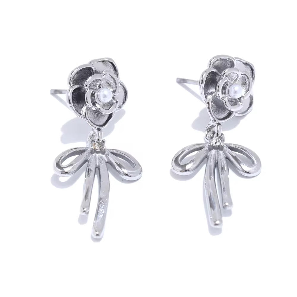 Silver Bow Flower Drop Earrings
