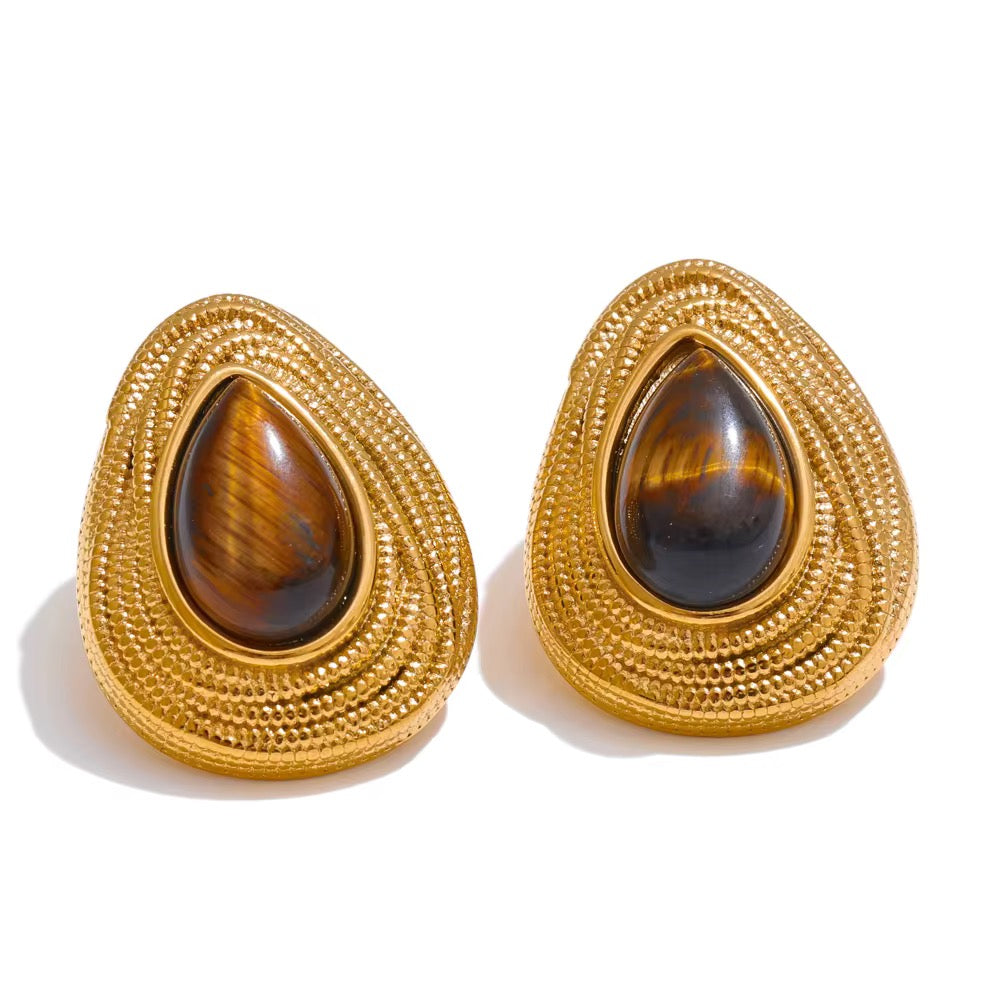 18K Tiger Eye Stone Statement Earrings