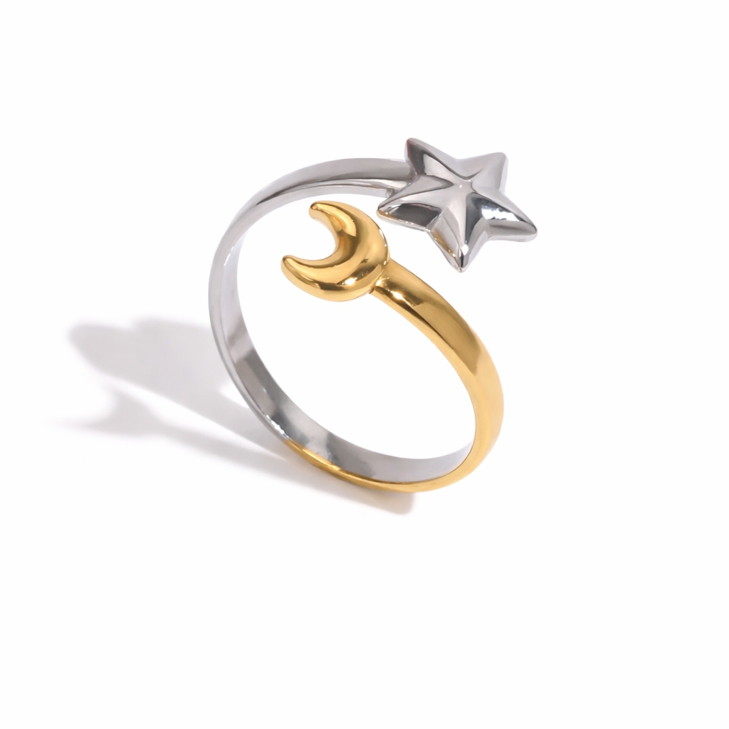 Two Tone Moon + Star Adjustable Ring