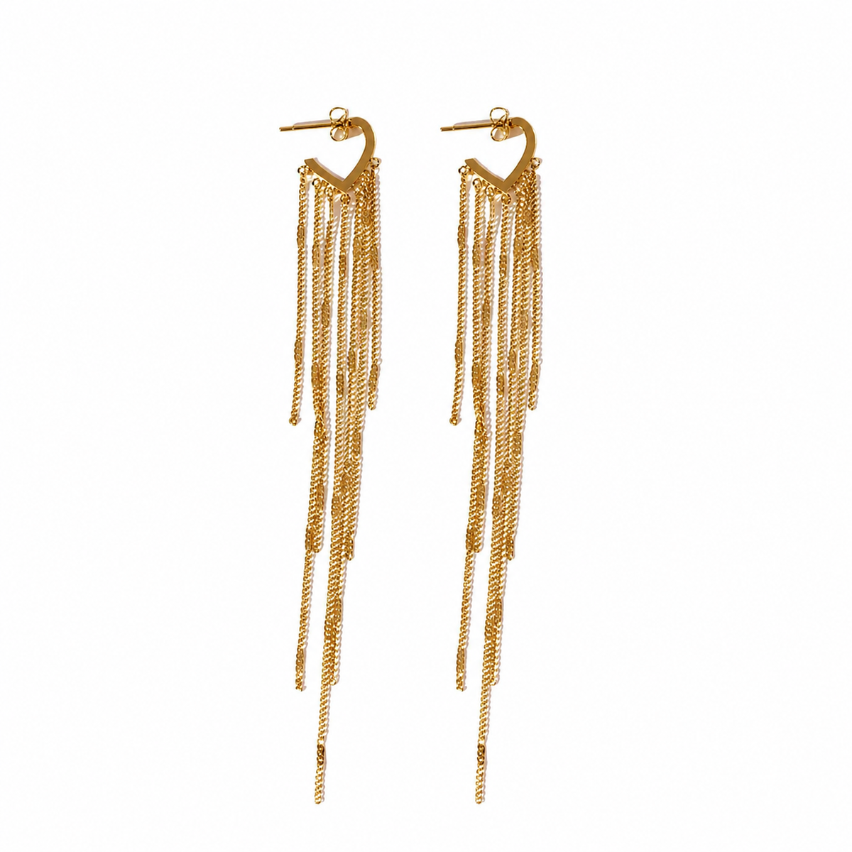 18K Heart Open C Hoop Dangle Fringe Earrings