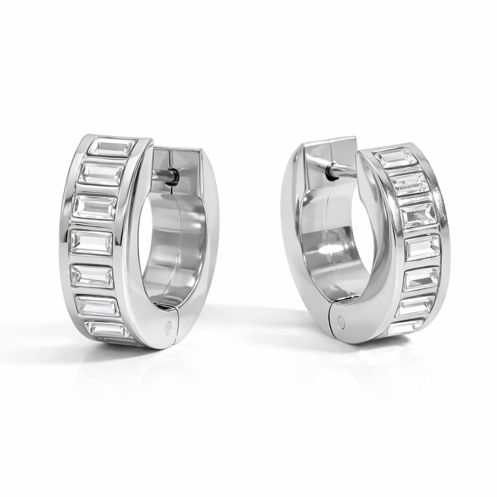 Silver Baguette Huggies