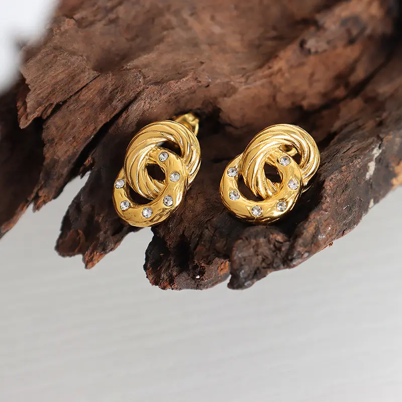 18K Double Ring Inlaid Zircon Earrings