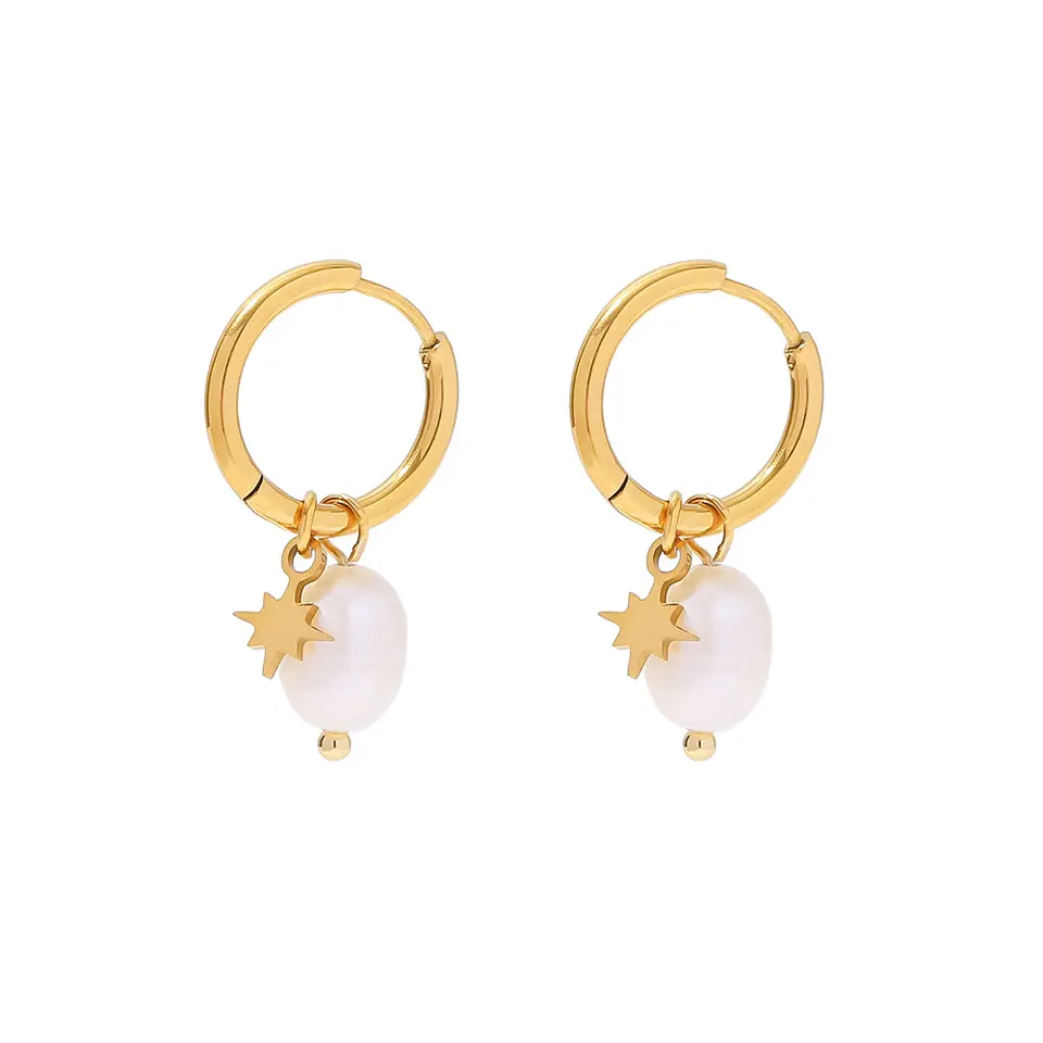 18K Star Charm Fresh Water Pearl Drop Earrings