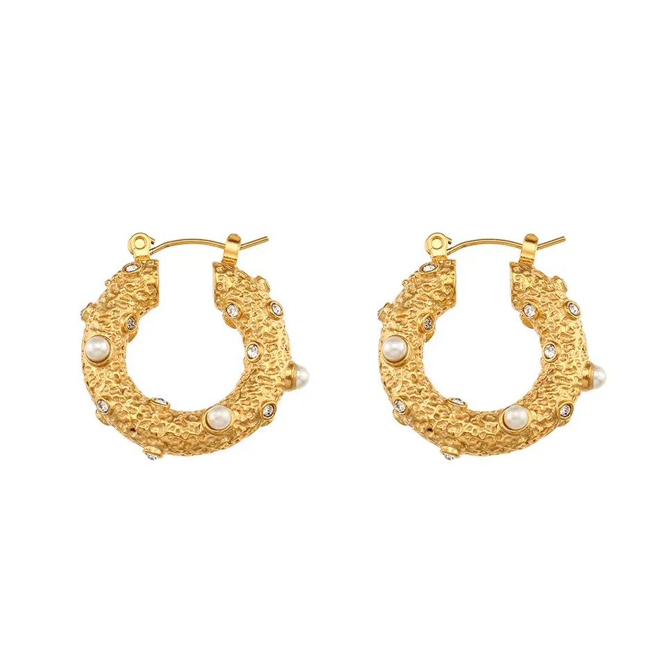 18K Zircon Pearl Texture Hoop Earrings