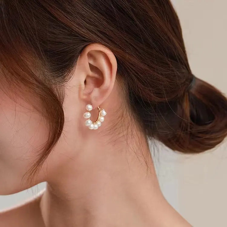 18K Elegant Fresh Water Pearl Hoop Earrings