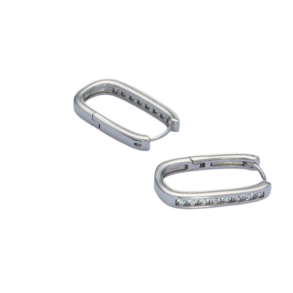 White Gold Fill 22mm Clear CZ Lined Oblong Hoop Earrings