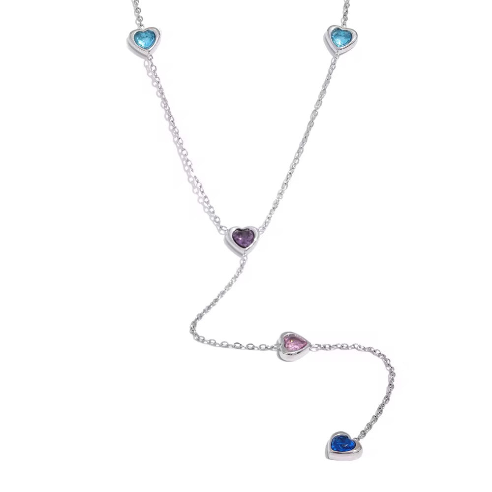 Silver Multi Color Heart Long Necklace