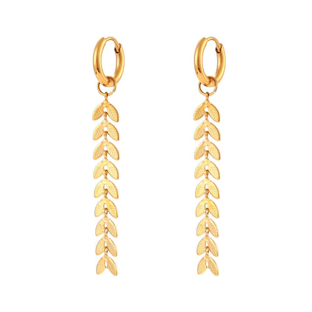 18K Wheat Leaf Chain Dangle Earrings