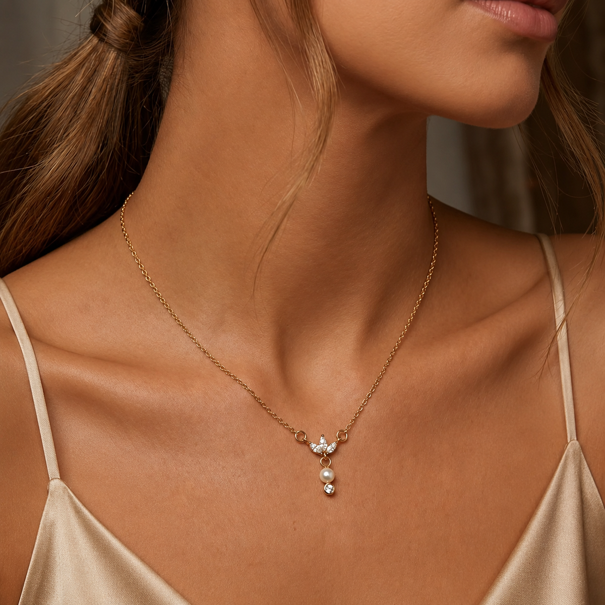 18K Marquise Trio CZ Pearl Necklace