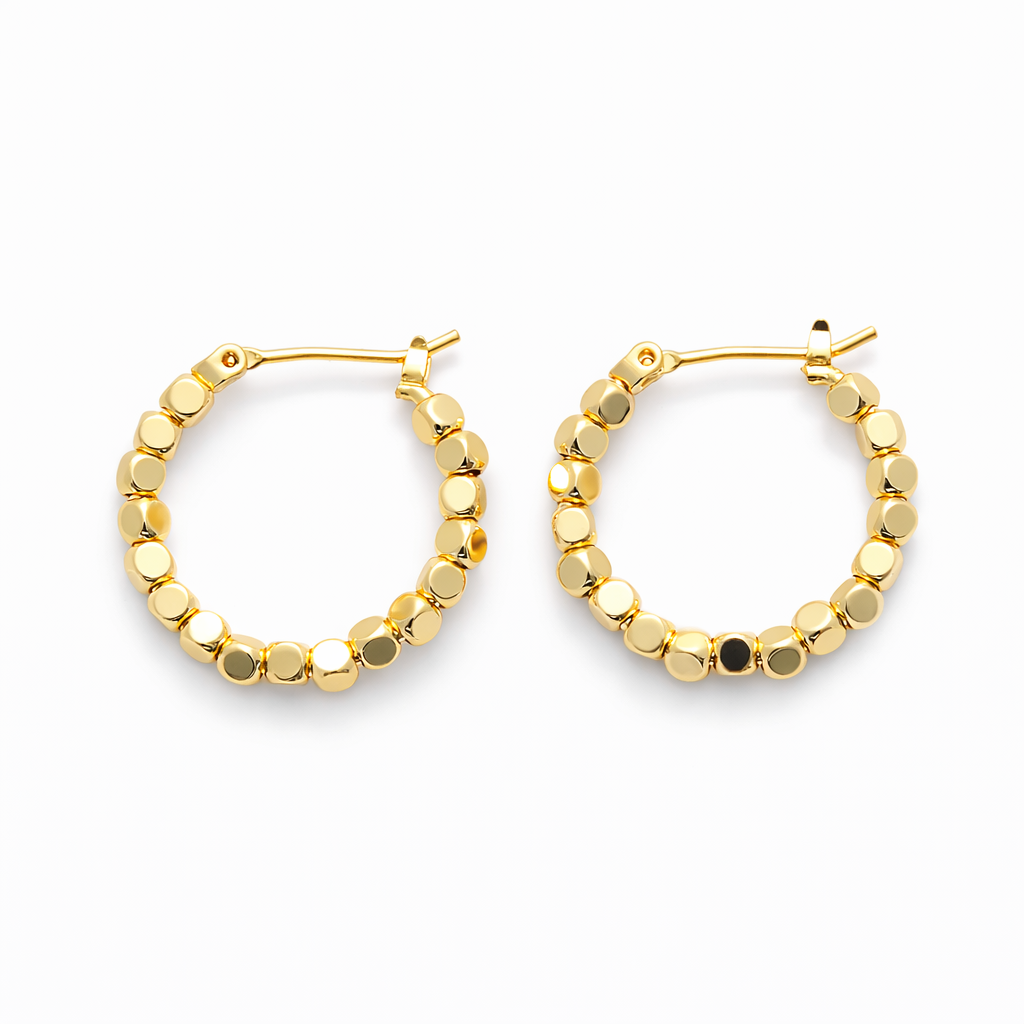 18K Beaded Cube Hoops 22mm