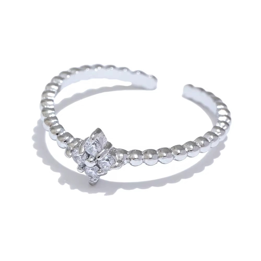 Silver Clover Flower CZ Bubble Ring