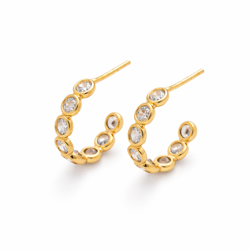 18K Round Bezel Mini C Hoops