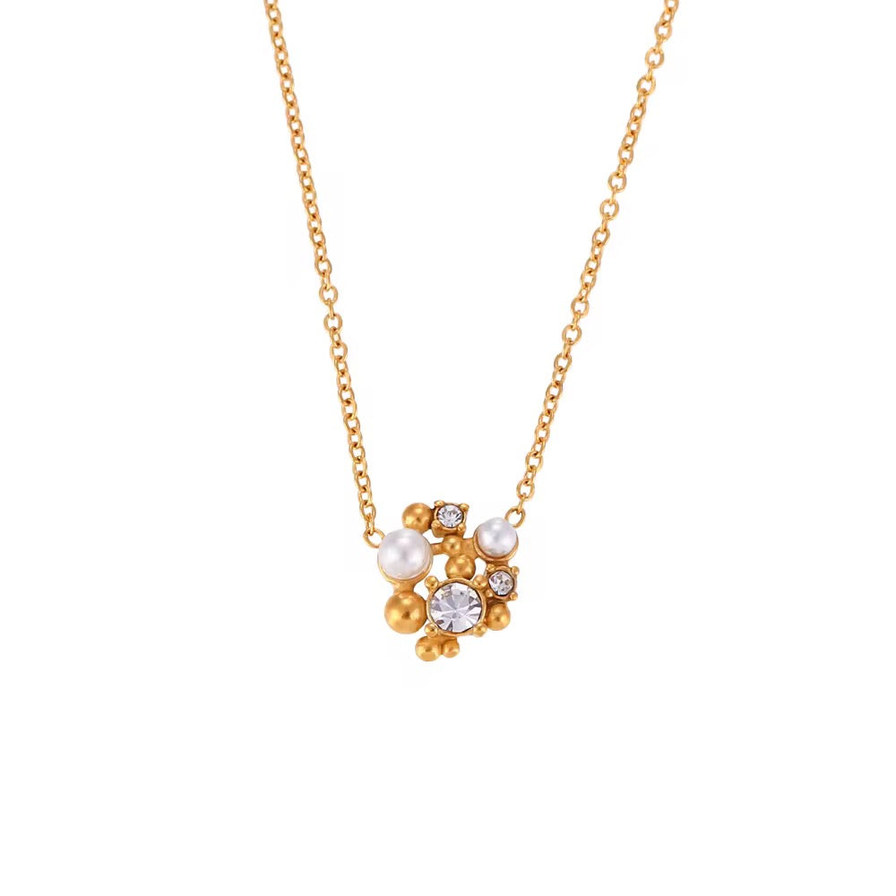 18K Adora Dainty Pearl CZ Round Pendant Necklace
