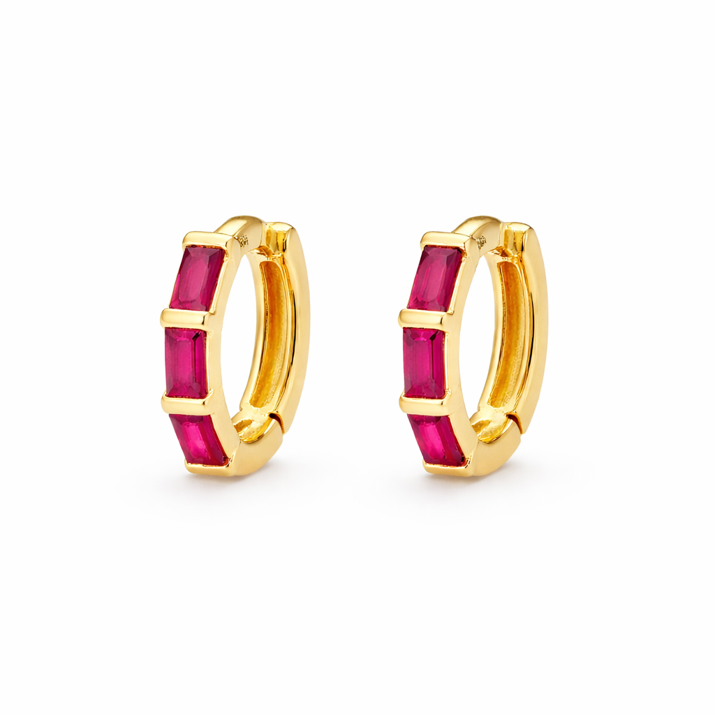 14K Fuchsia Baguette CZ Huggies 12mm