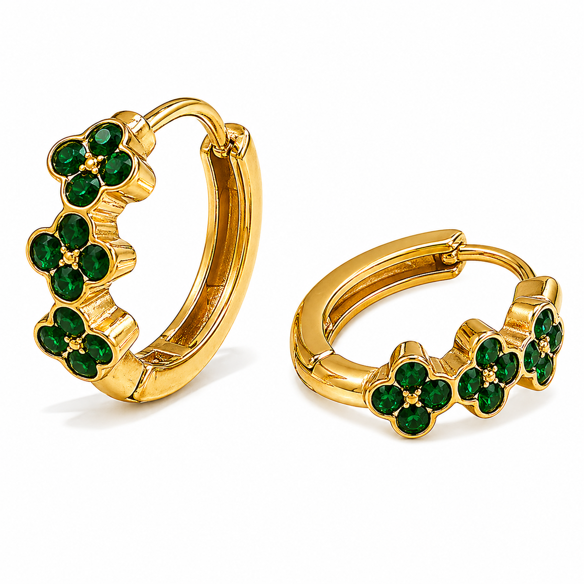 18K 3 Flowers Emerald 10mm Huggies
